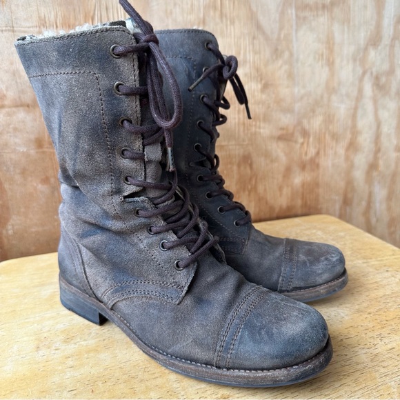 All Saints Spitalfields Gray Brown Combat Moto Lace Up Side Zip Distressed Boot - Picture 5 of 15
